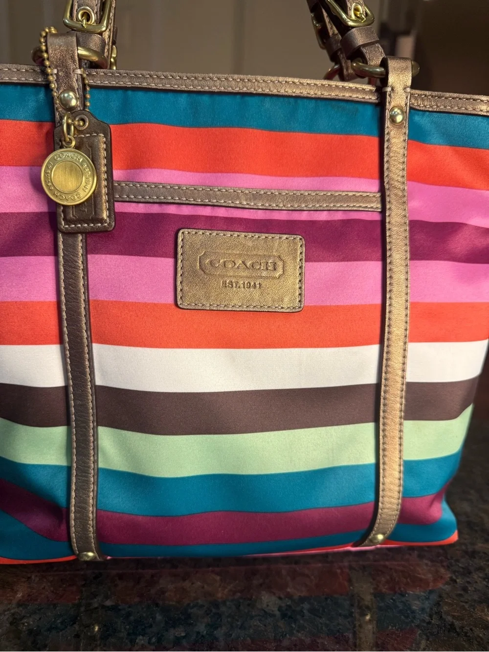 Coach Small Legacy Stripe Tote with Metallic Bronze Trim